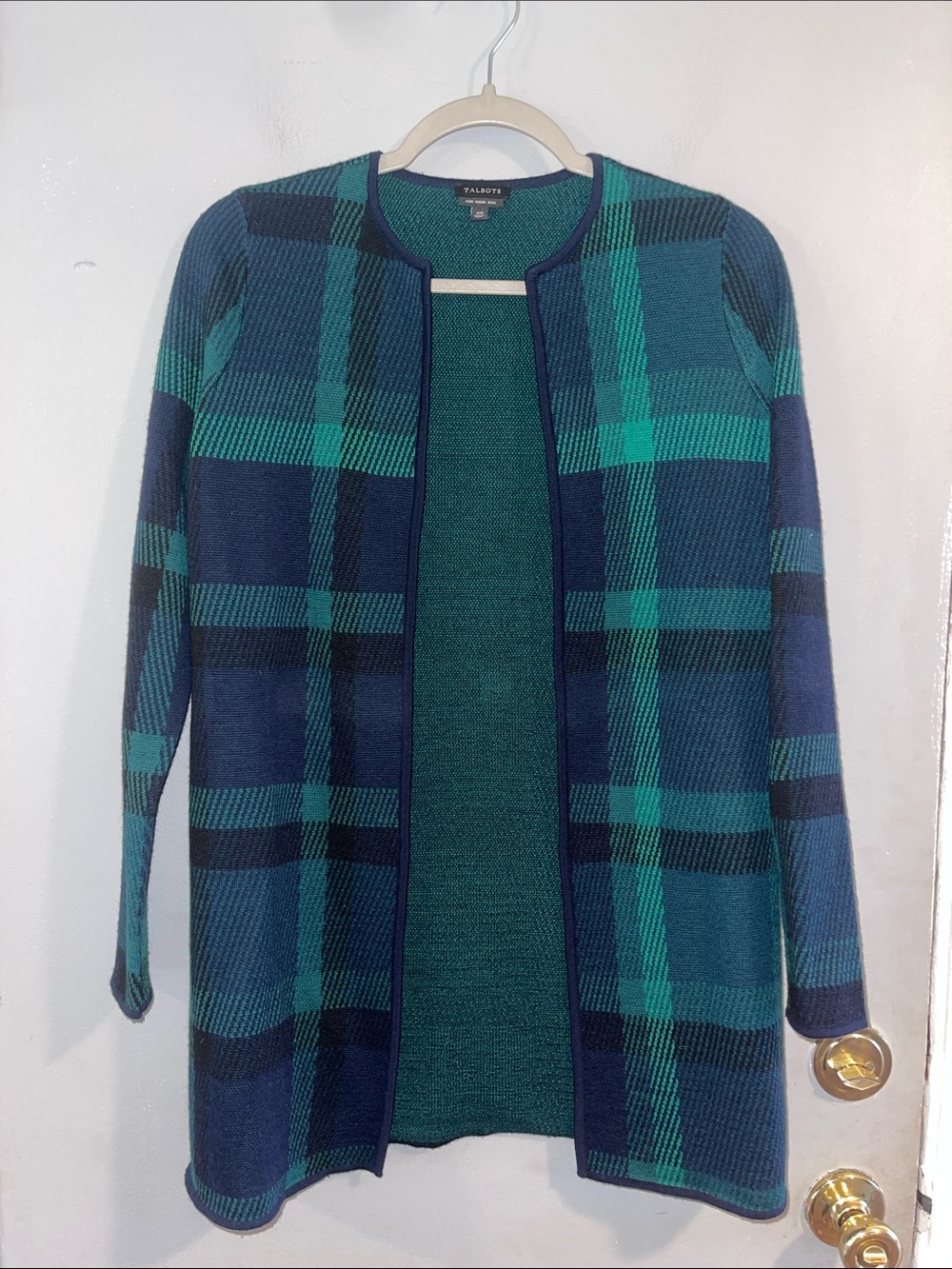 Talbots Navy & Green Plaid 100% Pure Merino Wool Open Long Cardigan Size XS - Picture 3 of 7